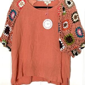 Umgee Women's Coral Top with Multicolor Crochet Sleeves